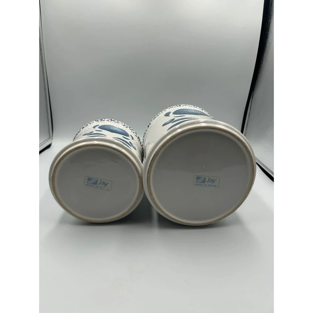 Jay Ceramic Canister Set 2pc Blue Sponge Heart White Farmhouse Kitchen Jars